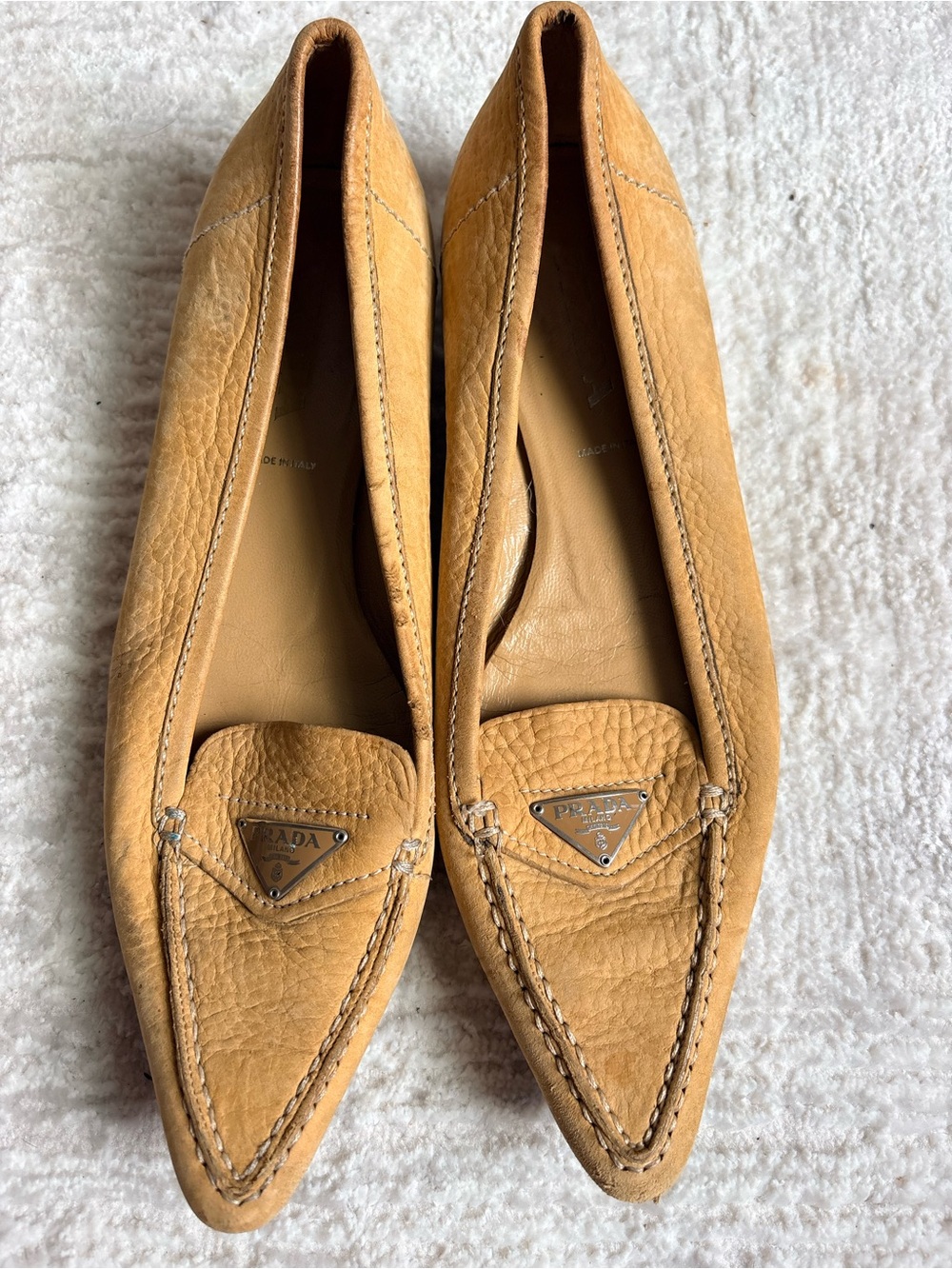 Prada Camel/Tan Vintage Leather Pointed Loafers with Triangle Logo